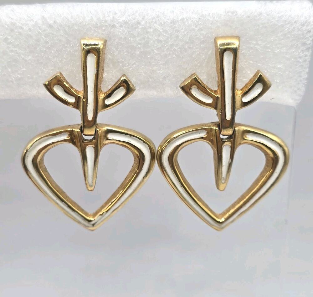 Earrings Vintage Heart On A Vine Design Raquel Signed Creamy Enameled Clip On